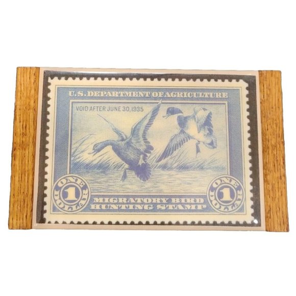 Vtg US Dept Of Interior & Agriculture Bird Duck Stamp Theme Wooden Napkin Holder - Picture 3 of 15